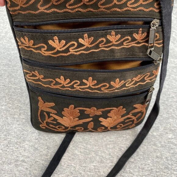 Suriti Purse Brown Suede Embroidered Crossbody Passport Holder Bag Boho Travel - Picture 6 of 12